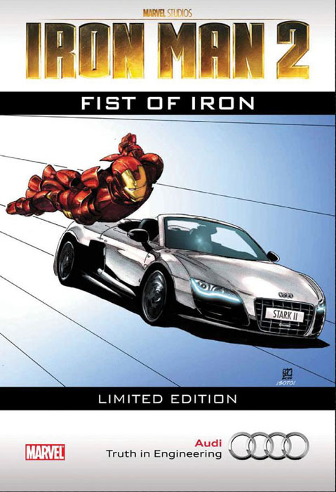 Screaming down the  Autobahn in his Audi R8 Spyder on his way to an important meeting, Tony  Stark gets waylaid by a roadblock set up to stop a team of thieves.  After he gets past the roadblock, a beautiful brunette really takes Tony  off-course. Find out what happens next in this exciting new Iron Man 2  digital comic brought to you exclusively by Audi!
Wow, I can&#8217;t wait to find out what happens to that Audi!!  What a well-defined character!
I&#8217;m sorry but when product placement goes beyond simply distracting from a story to become the story, it just makes me want to vomit.
The fact that the billions of dollars being made by this obnoxiousness are going to fund projects like the legal war against the heirs of Jack Kirby in an effort to ensure that they never see a penny of the Marvel money machine built on his back, makes me want to vomit extra-icky stuff.